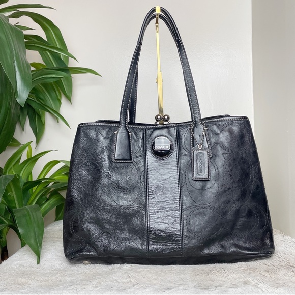 Coach Signature Stitch Leather Framed Kisslock Carryall Black Handbag F15658 - Picture 1 of 14